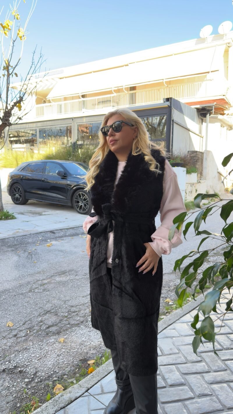 Γούνινο Παλτό Αμάνικο με Ζώνη